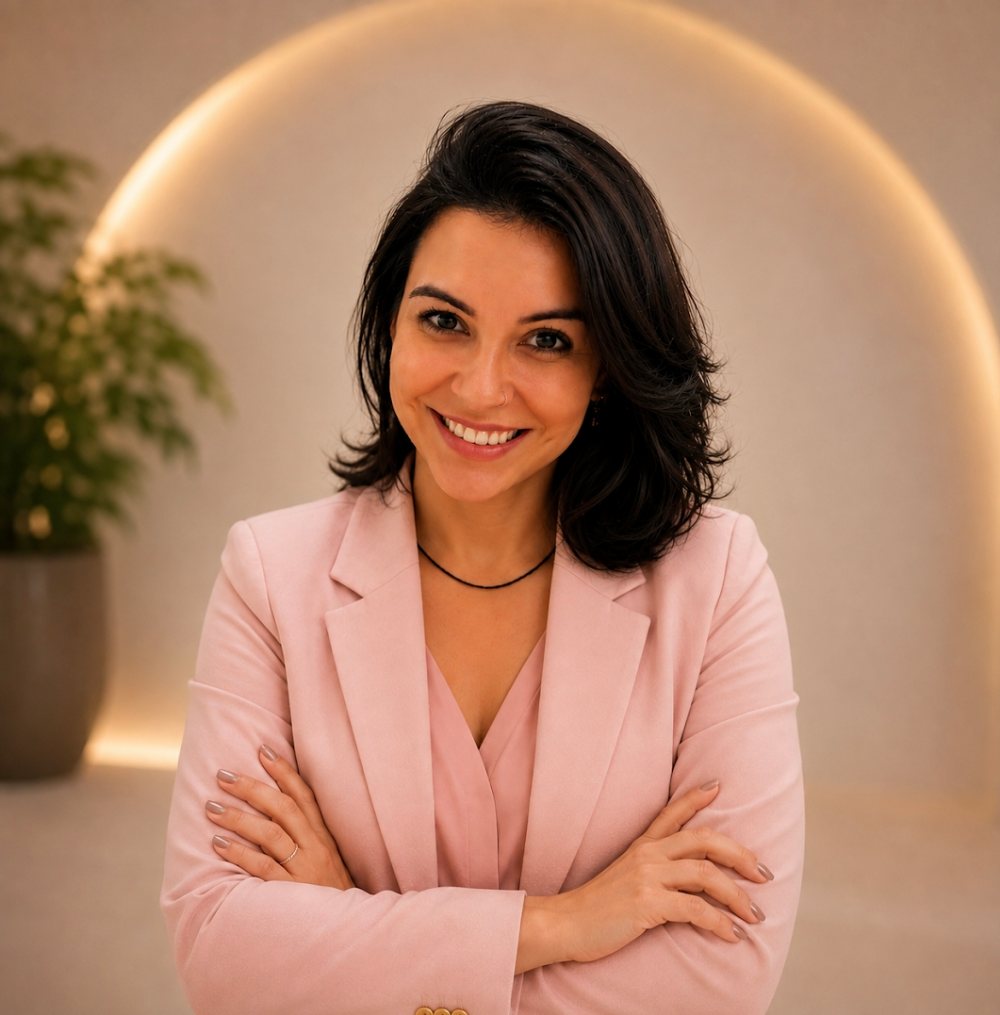 Dra. Nayara Serra, farmacêutica, de blazer rosa, sorrindo, no consultório em Ribeirão Preto.